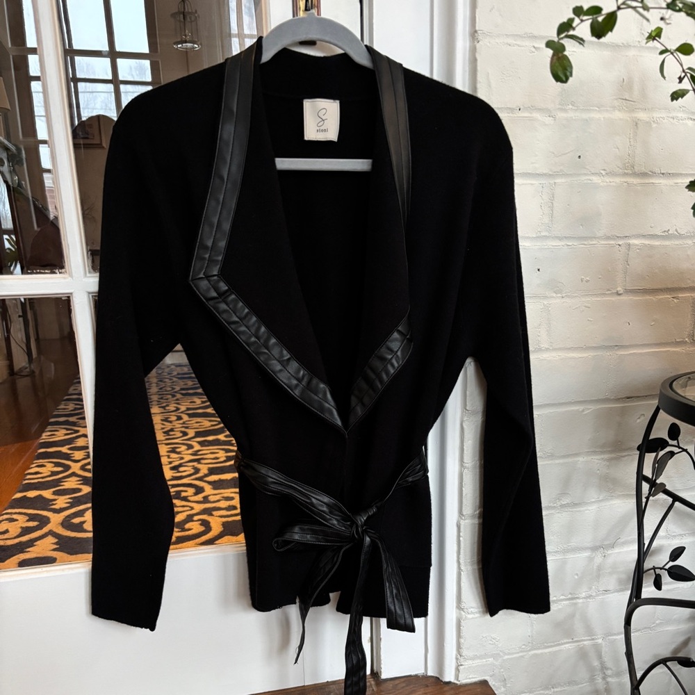 Sioni Black Blazer with Faux  Leather Trim